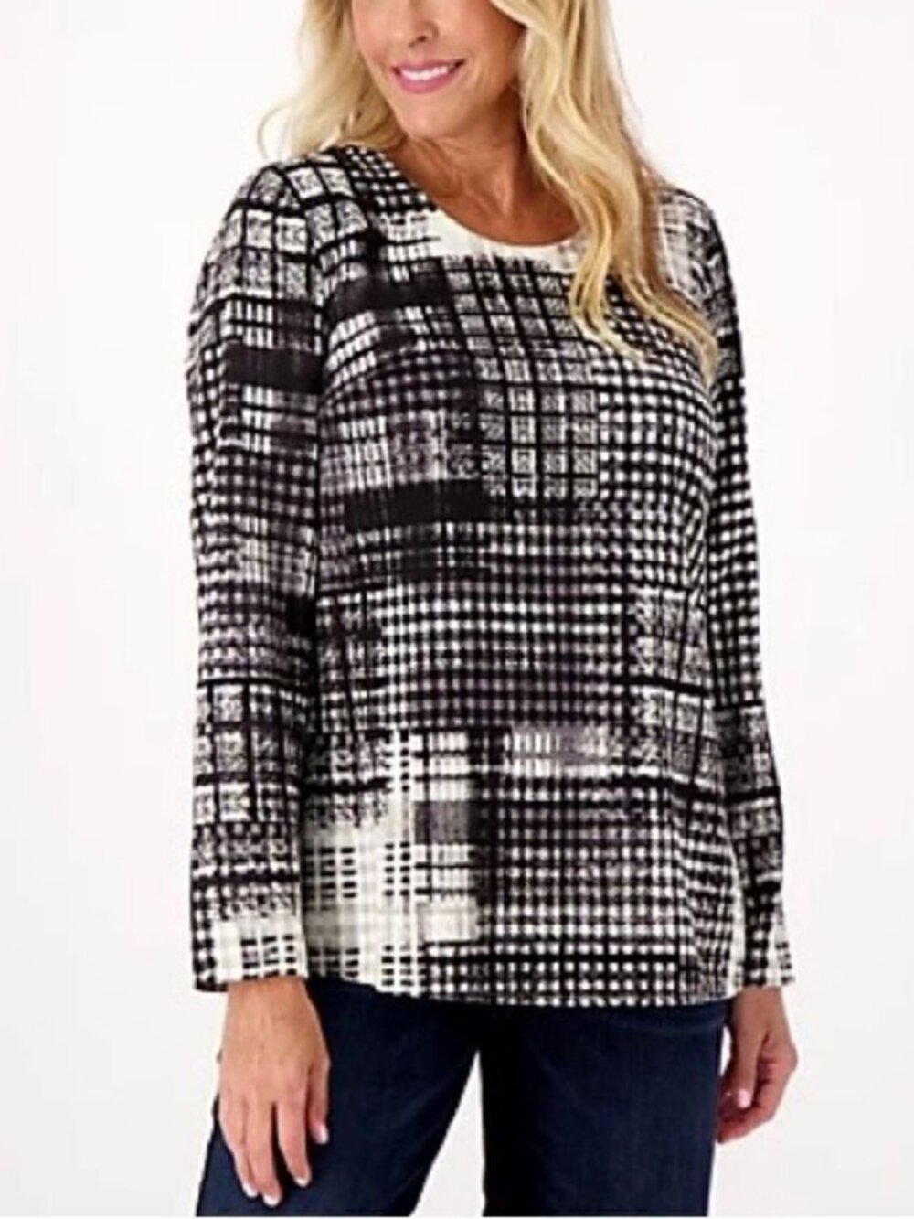 Denim & Co. Patchwork Plaid Stretch Woven Blouse